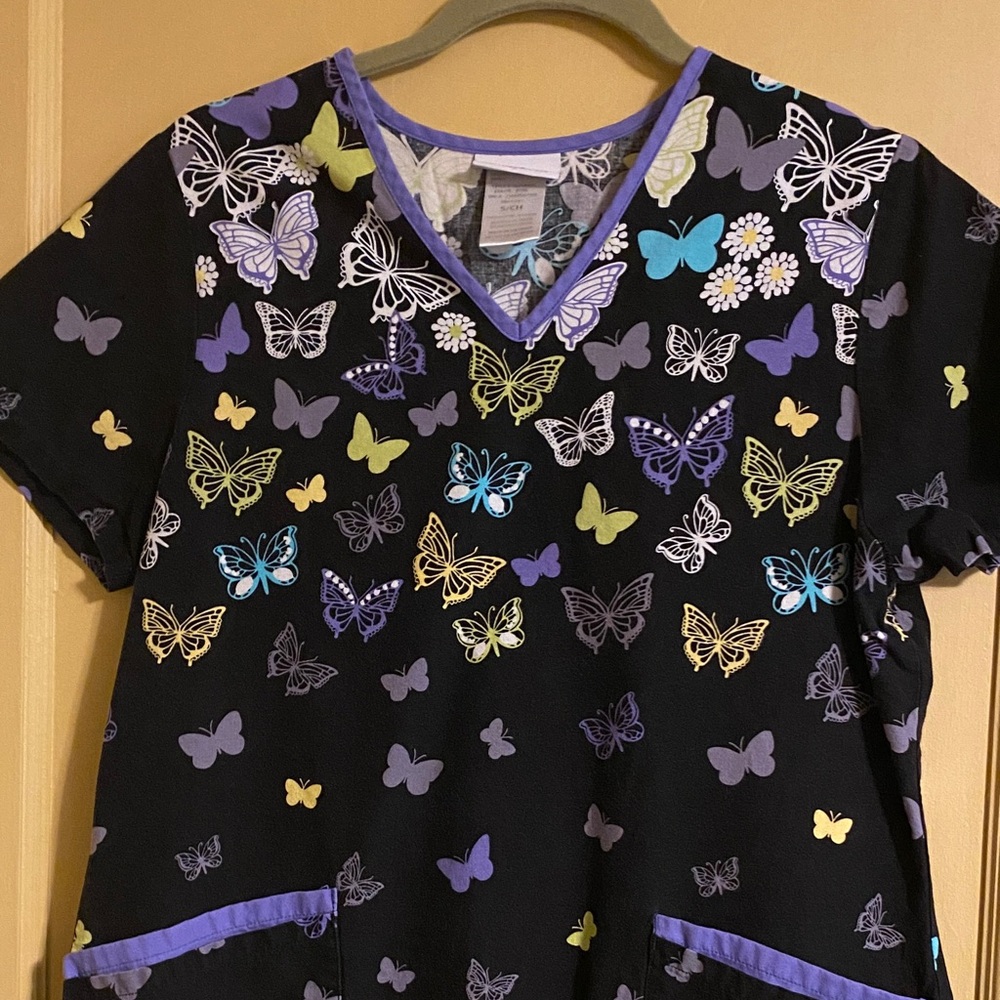 Scrubstar Black Butterfly Scrub Top with Purple Trim